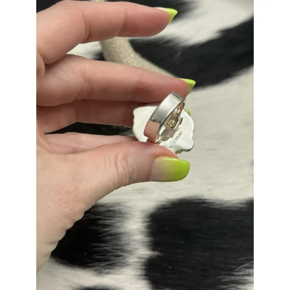 Native American Sterling Silver Red Coral Mother Of Pearl Cluster Flower Ring